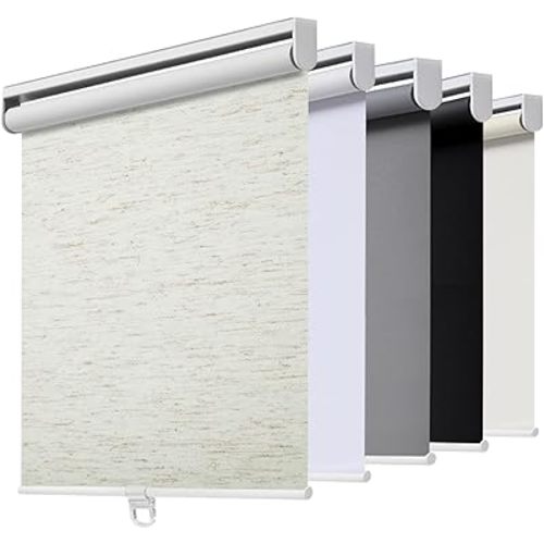 Cordless Roller Shades Blackout Blinds for Windows Room Darkening Rolled Up Shades with Spring System, UV Protection Natural Linen Fabric Window Shades Door Blinds for Home（34" W x 72" H, Linen Cream