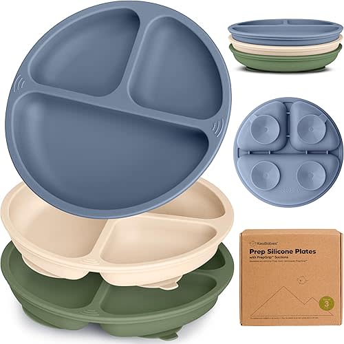 KeaBabies Suction Plates for Baby, Toddler - 3-Pack 100% Silicone Toddler Plates with Suction, Divided, BPA-Free Baby Led Weaning Essentials for Kids, Dishwasher, Microwave Safe, Durable (Slate)