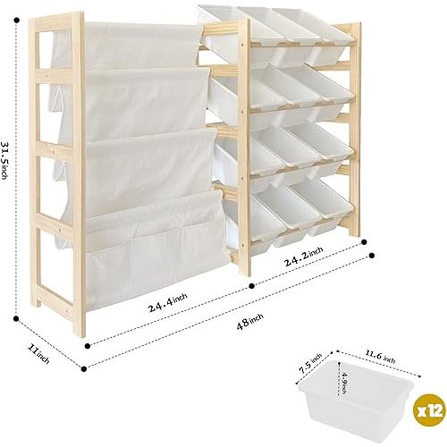 Toy Storage Organizer with Bookshelf - 12 Storage Bins 4-Tier Multipurpose Shelf to Organize Toys and Books for Kids Room, Playroom, Nursery Room, White