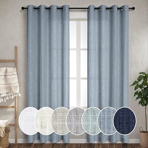 Dusty Blue Sheer Curtains 96 Inches Long for Sliding Glass Door 2 Panels Set Linen Curtains Semi Sheers for Bedroom Living Room Patio Boho Stone Blue