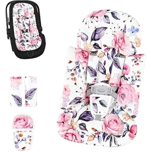 Pea Pod Infant Car Seat Insert with 3 Strap Covers, 3 in 1 Reversible Floral Baby Car Seat Head Support for Newborn, 3D Soft Minky Carseat Cushion for Preemie to Infant, Stroller, Swing, Bouncer