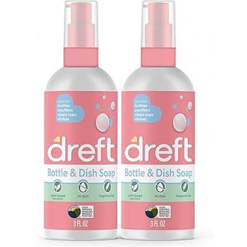 Dreft Bottle and Dish Soap | Made to Clean Baby Bottles, Sippy Cups, Pacifiers, Breast Pumps, & More | Gently Removes Milk Film & Odors | Plant Based, Fragrance Free Dish Soap | 3 Fl Oz (Pack of 2)