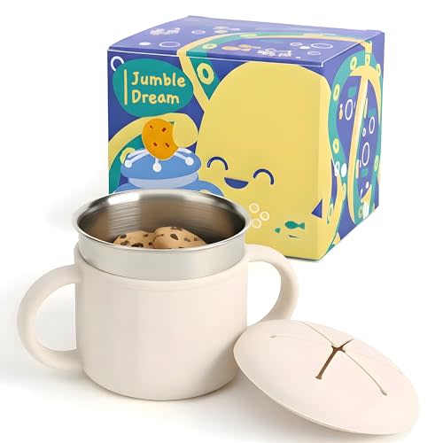 Jumble Dream Stainless Steel Baby Snack Cup for Toddlers Kids – Spill-Proof Silicone Snack Container – BPA-Free Non-Toxic Dishwasher Safe Food-Grade Stainless Steel for Baby Snacks 6m+ to 3+ Years