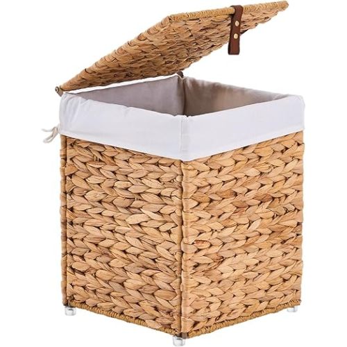 Mini Handwoven Laundry Basket with Lid, Natural Water Hyacinth Storage Basket with Handle, Removable Cotton Liner, Durable and Stylish for Bedroom, Bathroom, Laundry Room