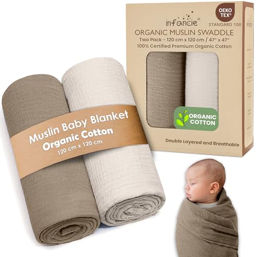 Organic Cotton Muslin Baby Blanket - 47x47 Inch Breathable Swaddle, Hypoallergenic Double-Layer, Versatile Use (Olive/Ivory, 47x47 Inch)