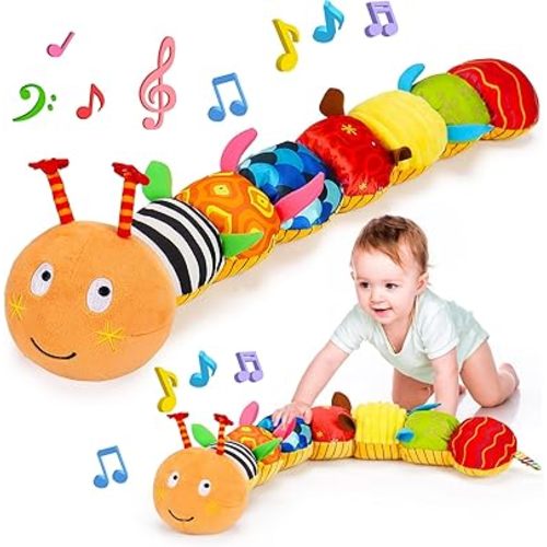 Baby Sensory Caterpillar Toys 0-3 Month Music Animal Stuffed Plush Toy for Infant 0-3-6-12 Month Tummy Time with Crinkle Rattle for Newborn 9-12 Month Texture Toy for Boy Girl Birthday Shower Gifts