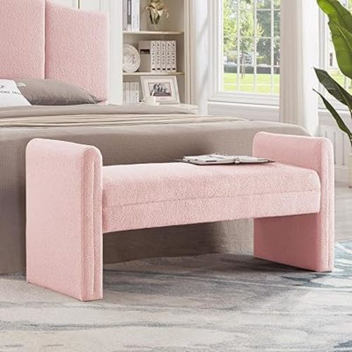 24KF Modern Boucle Teddy Lovely Bench, Upholstered Bed Bench Entryway Bench Ottoman with Armrest,5062-Pink
