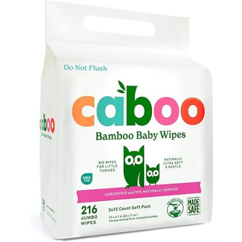 Caboo Baby Wipes, Made with Bamboo Viscose, Certified Made Safe Ingredients, Unscented Baby Wipes Good for Sensitive Skin, 72 Wipes Per Travel Pack, Total of 216 Wet Wipes