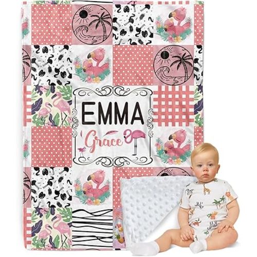 Personalized Baby Blanket - Custom Name with Animals Plaid Design - Patchwork Soft Plush Throw Blanket with Double Layer Dotted Backing for Boys Girls Gifts Color09-Flamingo