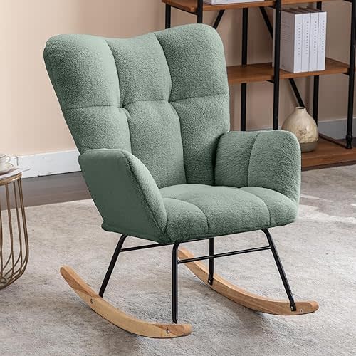 NIOIIKIT Nursery Rocking Chair Velvet Upholstered Glider Rocker Rocking Accent Chair Padded Seat with High Backrest Armchair Comfy Side Chair for Living Room Bedroom Offices (Olive Green)