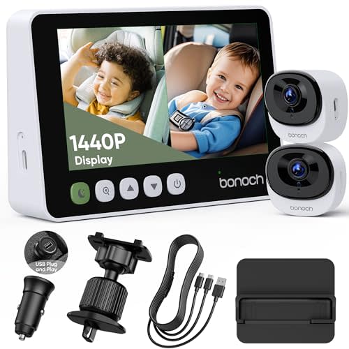 bonoch 5" 1440P Baby Car Camera for 2 Kids - 360° Rotating Adjustable Wide View Dual Cameras, Split Screen Night Vision, Easy Setup Car Seat Monitor, USB Powered with Charger, Shower Gift for Parents