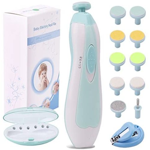 Baby Nail File Electric Nail Trimmer Manicure Set with Nail Clippers, Toes Fingernails Care Trim Polish Grooming Kit Safe for Infant Toddler Kids or Women, LED Light and 10 Grinding Heads (White/Teal)