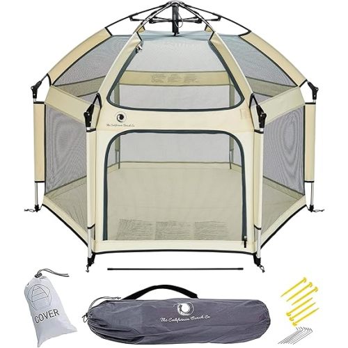 POP 'N GO PLAYPEN - Indoor & Outdoor Baby Playpen for Babies and Toddlers - Baby Beach Tent, Foldable, Portable W/Canopy, Travel Bag, & Mosquito Net - Pop Up Pack and Play Tent (Warm Ivory)