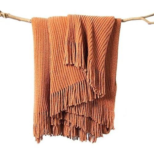 lifein Throw Blanket for Couch, Soft Boho Bed Throw,Cozy Burnt Orange Chenille Knitted Small Spring Lightweight Throw for Spring(Rust,50 * 60")
