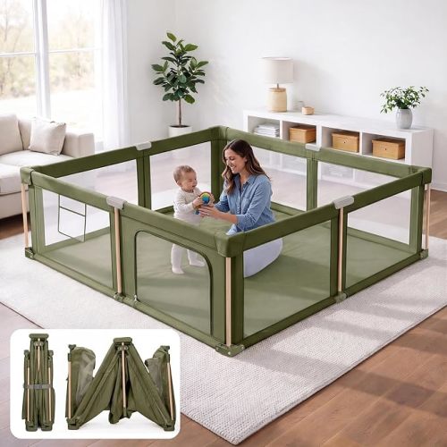 Foldable Baby Playpen with Mat, Foldable Baby Fence Play Yards for Babies and Toddlers, Play Pen with Breathable Mesh and Anti-Fall Pads Green(50''x50‘’)