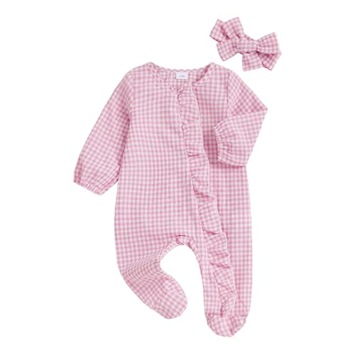Infant Baby Girl Fall Outfit Sweatshirt Romper Footies Plaid Ruffled Trim Jumpsuit Zip Up Onesie Newborn Winter Clothes