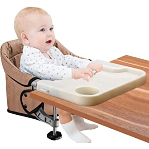 Hook On High Chair with Removable Dining Tray, Folding Portable Clip on Table High Chair, Baby Chair with Storage Bag for Indoor/Outdoor (Brown)