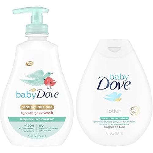 Dove Baby Sensitive Skin Care Bundle – Hypoallergenic Wash & Baby Lotion, Fragrance Free Moisture, Baby Gift Set, 13 Oz Ea (2 Piece Set)