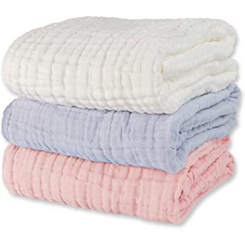 Muslin Baby Bath Towels Set 3 Pack Ultra Soft and Absorbent Baby Towels Infant Toddler Blanket Towel 6-Layer Natural Cotton Towel Suitable for Girl Boy 40x40 inches (White&Pink&Grey)