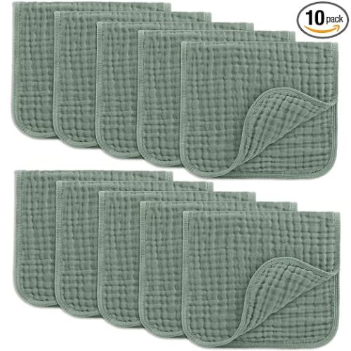 Comfy Cubs Muslin Burp Cloths 20" x 10", Pack of 10 - Large, 6-Layer, Ultra Absorbent 100% Cotton for Baby Drool and Messes - Soft, Safe & Gentle Baby Burp Cloths for Boys & Girls - Fern