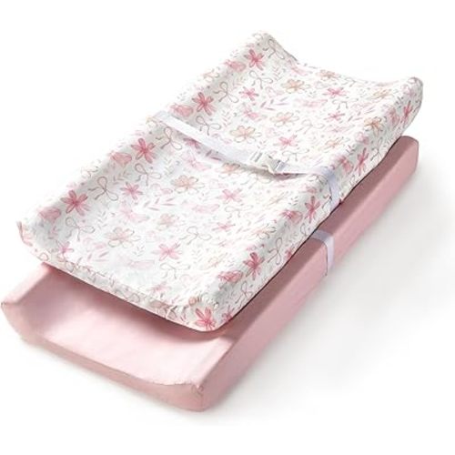 TILLYOU Changing Pad Cover Set in Soft Jersey Material - Fits 32"/34''x16 Contoured Pad for Babies, Pink Flower&Butterfly