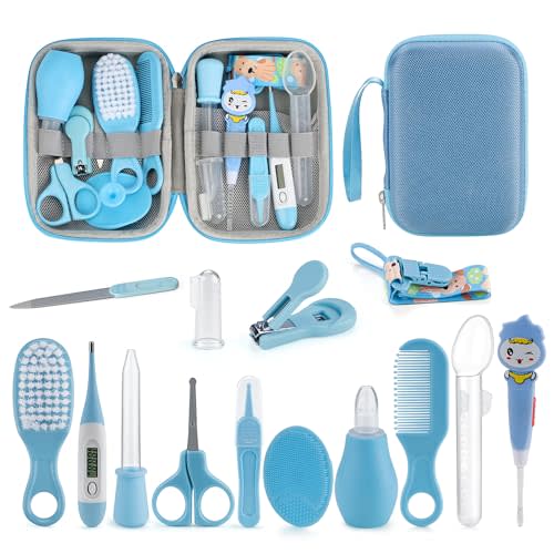 OTTOLIVES Baby Healthcare and Grooming Kit, 15 in 1 Baby Shower Gifts with Nail File, Hair Brush Comb, Toothbrush, Nasal Aspirator, Baby Essentials Kit for Newborn Infant Girls Boys (Blue)