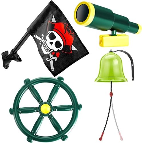 Junkin 4 Pcs Outdoor Playground Accessory Kids Pirate Playground Equipment Set Include Pirate Ship Wheel Flag Bell Telescope for Swing Set Playhouse Backyard Tree House(Green)