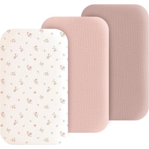 3 Pack Cotton Muslin Baby Bassinet Fitted Sheet for Bedside Sleeper