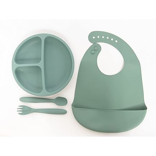 Lila & Jack's Baby Feeding Set, BPA Free, Food Grade Silicone Dinner Plate and Cutlery Set, Learn to Eat on Your Own, Set Includes Spork, Spoon, Bib and Plate (Green), (AT1747)