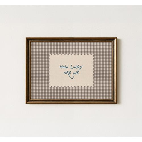 Retro 'How Lucky Are We' art print, Vintage Gingham Wall Art, Striped Art Print, Vintage Nursery Decor