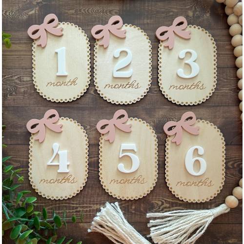 Wooden Bow Baby Monthly Milestones, Photo Prop | Scallop Markers | Fresh 48 Photos | Baby shower Gift| New Mom Gift | Newborn Gift | Modern