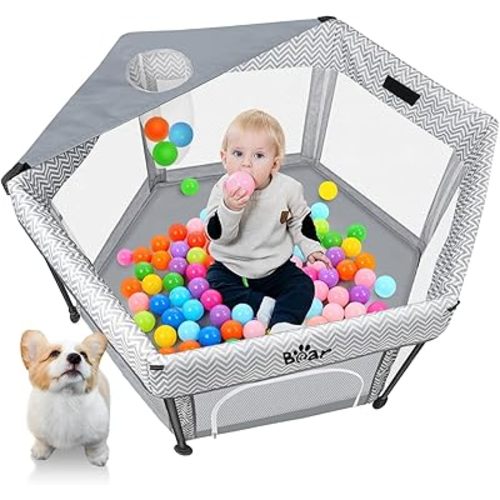Baby Playpen, Outdoor Play Yard Foldable Playpen with Canopy Mat for Babies Toddlers, Portable Indoor Kids Activity Fence Pack and Play