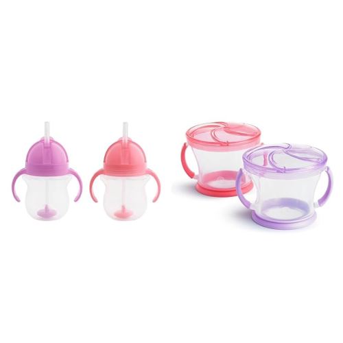 Munchkin Happy Snacker Toddler Cups and Snack Containers - 7oz Any Angle Weighted Straw Trainer Cup and 9oz Snack Catchers, Pink/Purple