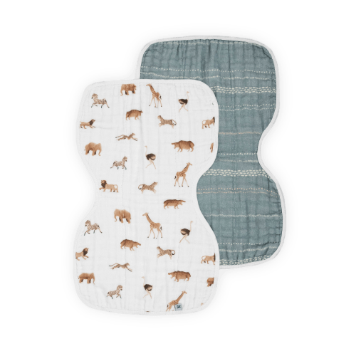Organic Cotton Muslin Burp Cloth 2 Pack - Animal Crackers + Stillwater Stitch