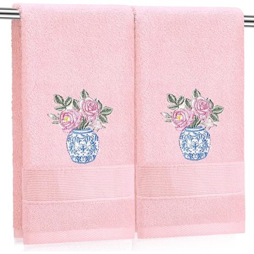 Frienda 2 Pcs Chinoiserie Vase Peony Hand Towels Light Pink Bathroom Decor 29.5x13.8 Inches Embroidered 100% Cotton Soft Absorbent Spring Summer Decorative Hand Towels for Bathroom Kitchen