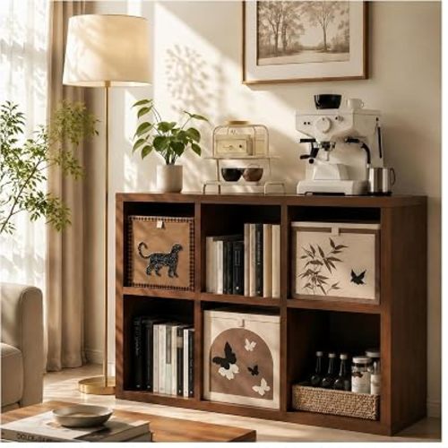 Solid Wood 6 Cube Storage Organizer Shelf with 3 Bins, Wooden Open-Style Double-Tier Floor-Standing Low Bookcase, Cubby Storage Organizer Bookshelf, Shelves,(Solid Wood, Walnut Color