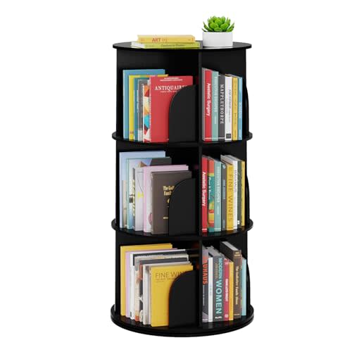 SpaceAid 3 Tier Rotating Bookshelf Tower, Spinning Bookcase Lazy Susan, Revolving 360 Book Shelf Storage Round Carousel, Vertical Rotate Turning Spiral Corner Organizer, Black