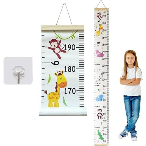 Growth Chart Kids, Nursery Height Charts Canvas Wall Ruler Removable Height Measure Chart Hanging Measuring Ruler Wall Decal with Hook for Nursery Bedroom Wall Decor - Zoo