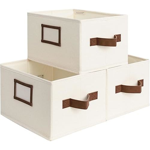 StorageWorks Storage Baskets for Shelves, Foldable Fabric Closet Storage Bins with PU Handles, Fabric Storage Bins Clothes Organizer, Ivory White, 3-Pack, Small