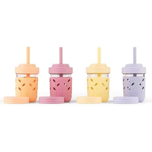 Elk and Friends Kids & Toddler Cups | The Original Glass Mason jars 8 oz with Silicone Sleeves & Silicone Straws with Stoppers | Smoothie Cups | Spill Proof Sippy Cups for Toddlers
