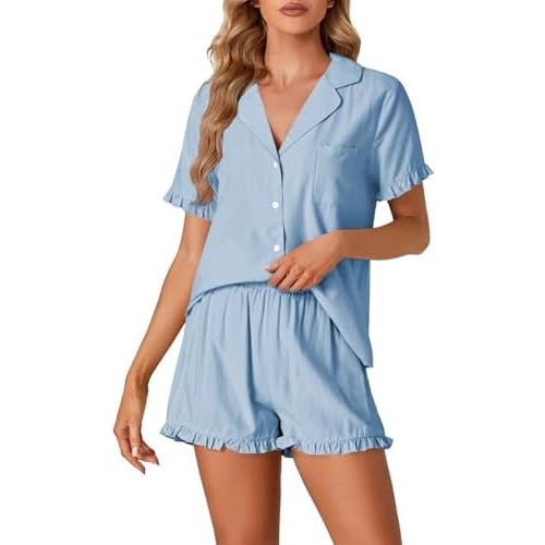 Vrtige Women's 2 Piece Cotton Pajamas Set Button Down Short Sleeve Top and Shorts PJs Set Sleepwear