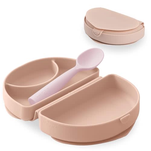 Miniware Fold & Scoop - Silifold Baby Feeding Set with Foldable Silicone Plate & Child-Sized Spoon - Compact, Portable, Dishwasher-Safe, Suction Base for Mess-Free Eating (Pink Salt and Cotton Candy)