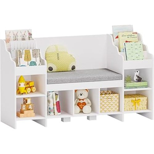JUMMICO Kids Bookshelf with Reading Nook, Kids Bookcase with Bench, Book Shelf with Seat Cushion, Book and Toy Storage Organizer for Kids Room, Playroom, Bedroom, Living Room, Entryway (Ivory White)