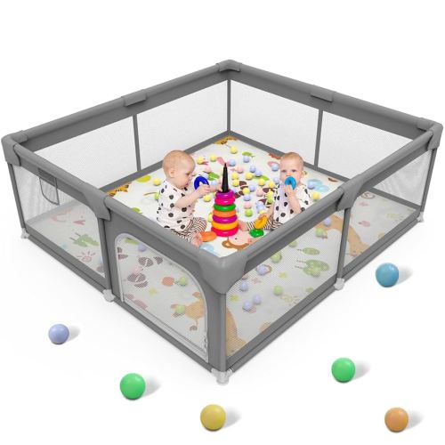 Palopalo Baby Playpen, 50''x50'' Extra Large Playard for Babies and Toddlers, Baby Activity Center with 8 Suction Cup Bases, Infants Play Pen with Gate and Soft Breathable Mesh, Without Mat