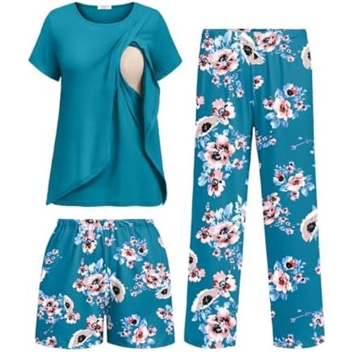 Ekouaer 3 PCS Maternity Nursing Pajamas Set Postpartum Breastfeeding Short Sleeve Shirts, Pregnancy Shorts & Pants Pjs S-XXL