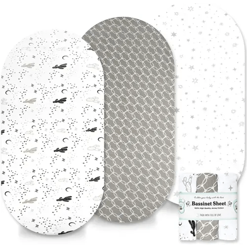 Baby Bassinet Sheets for Boy and Girl (3 Pack) - 100% Natural & Breathable Cotton Sheet Set - Universal Fitted for Oval, Hourglass & Rectangle Bassinet Mattress - Size 32 x 17 x 2 Inches (Grey)