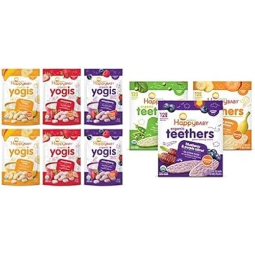 Happy Baby Organics Yogis Freeze-Dried Yogurt & Fruit Snacks, Variety Pack (Pack of 6) & Teether, 3 Flavor Variety Pack, 12 Count (Pack of 3)