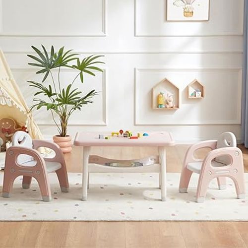 Kids Table and 2 Chairs Set, Large Built-in Storage, Montessori Toddlers Table and Chairs Set, Kids Activity Table for Drawing Dining Playing, CPSC & ASTM Approved, Pink