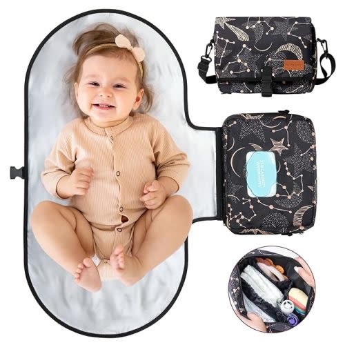 Momcozy 2-in-1 Diaper Changing Pad - Extra-Large Portable Diaper Pad 31.4x15.7 inch - Waterproof and Foldable for Newborns to Toddlers - Also Used As Adjustable Shoulder Bag with Wipes Pocket - Starry