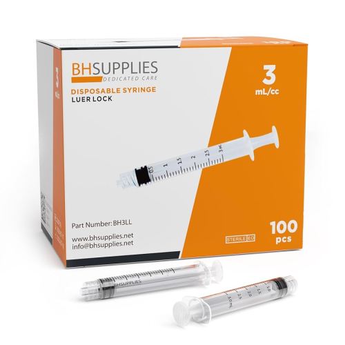 BH Supplies 3ml Luer Lock Tip Syringes (No Needle) - Sterile, Individually Wrapped - 100 Syringes